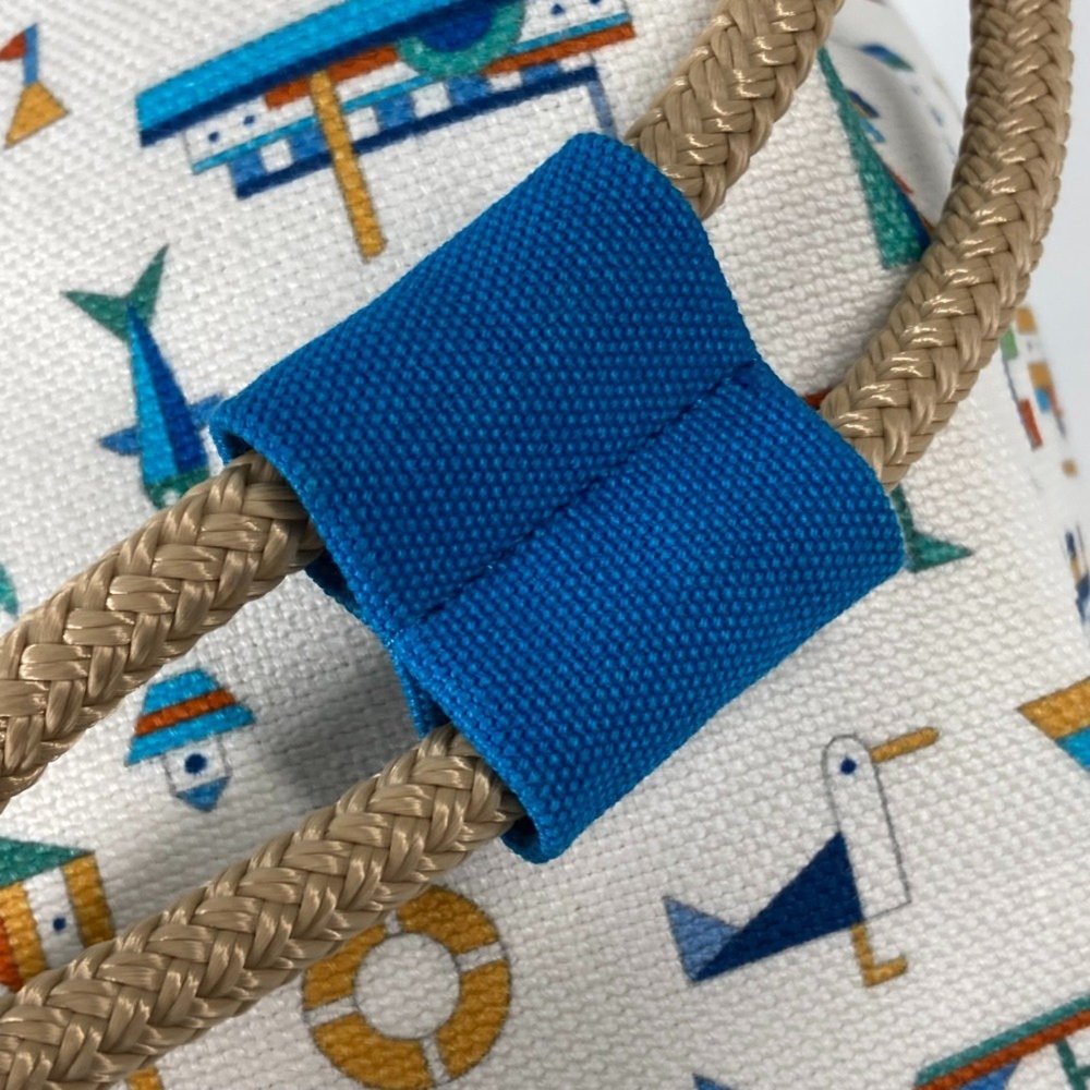 HERMES Marine Print Petit Chartier Drawstring Bag, Cotton Shoulder Kids, White - Picture 9 of 10